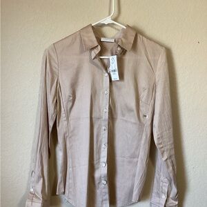 New York & Company Beige Striped Button Down Shirt